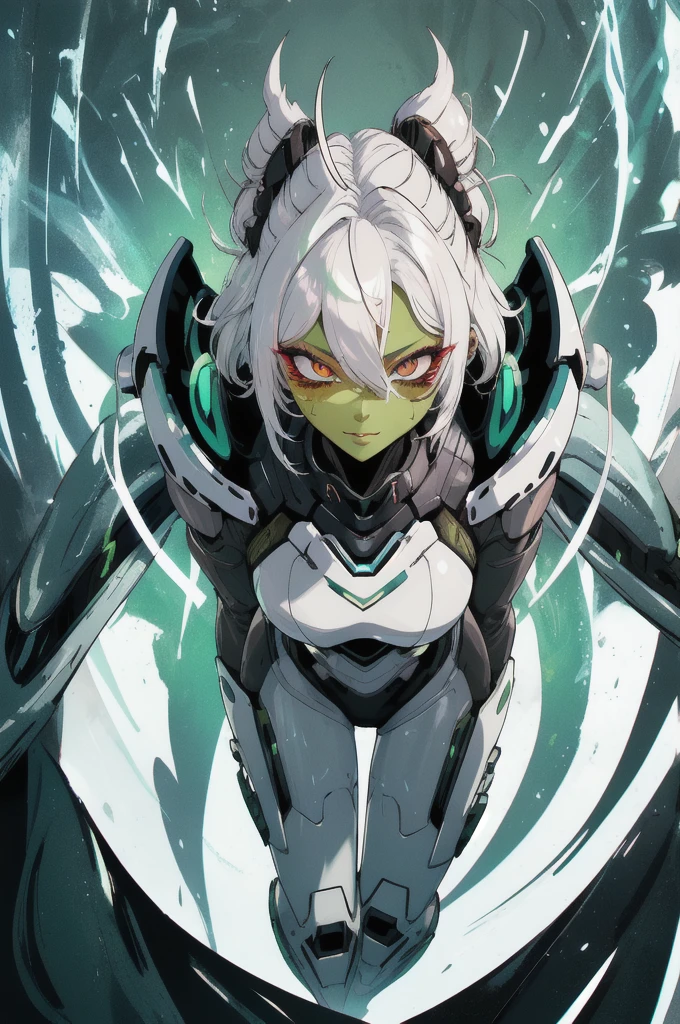 Character details, Kizi, alien, (White hair), hot, dark shaped eyes, full body illustrated image, greenskin, fanart, 2d, futuristic clothes. alien antennas, face perfect, great quality.