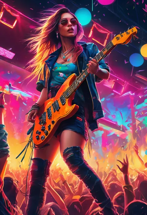 a music festival,1girl,standing on stage,playing an electric guitar,surrounded by a large crowd,colorful lights,smoke machine,ro...