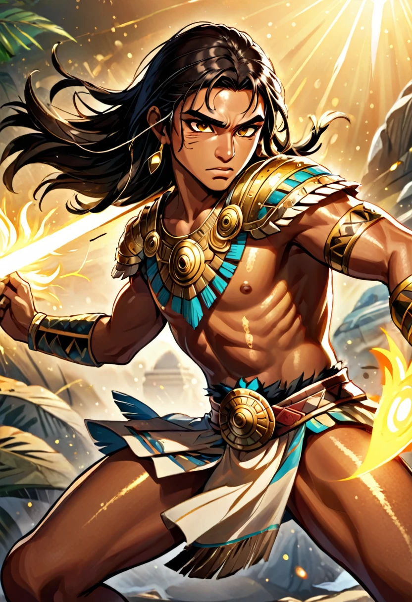 en re&D Estilo artístico, crear un personaje guerrero azteca masculino, Él tiene piel morena y cabello negro hasta los hombros., y un ojo dorado y brillante. él está en una posición de pelea de batalla.La imagen debe mostrar todo el cuerpo.