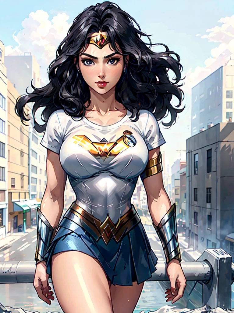 g4lg, Wonder Woman, ((wearing a t-shirt blanc du Real Madrid)), (joli visage:1.2), (visage finement détaillé et beaux yeux), femelle mature, muscle, mains nues, (brassard, jupe armure bleue, entretoise, anneau de tête ), (Yeux noirs, cheveux longs noirs, Les cheveux en désordre, cheveux flottants), ((t-shirt blanc du Real Madrid)), (longues jambes proportionnelles), (Meilleure qualité:1.1),(Contexte de la ville:1.2), sombre_fantaisie,, ((chef-d&#39;œuvre)), 