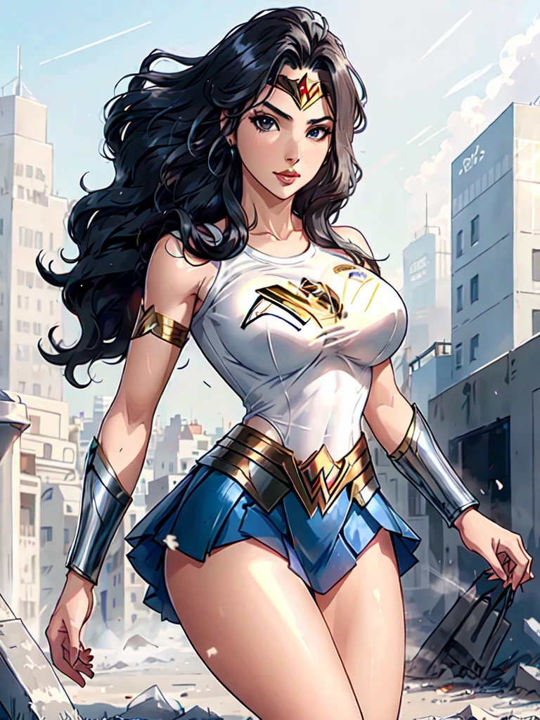 g4lg, wonder woman, ((wearing a white Real Madrid tshirt)), (pretty face:1.2), (finely detailed face and beautiful eyes), mature female, muscle, bare hands, (armlet, blue armor skirt, bracer, head ring ), (black eyes, black long hair, messy hair, floating hair), ((white Real Madrid tshirt)), (long proportional legs), (best quality:1.1),(city background:1.2), dark_fantasy,, ((masterpiece)), 