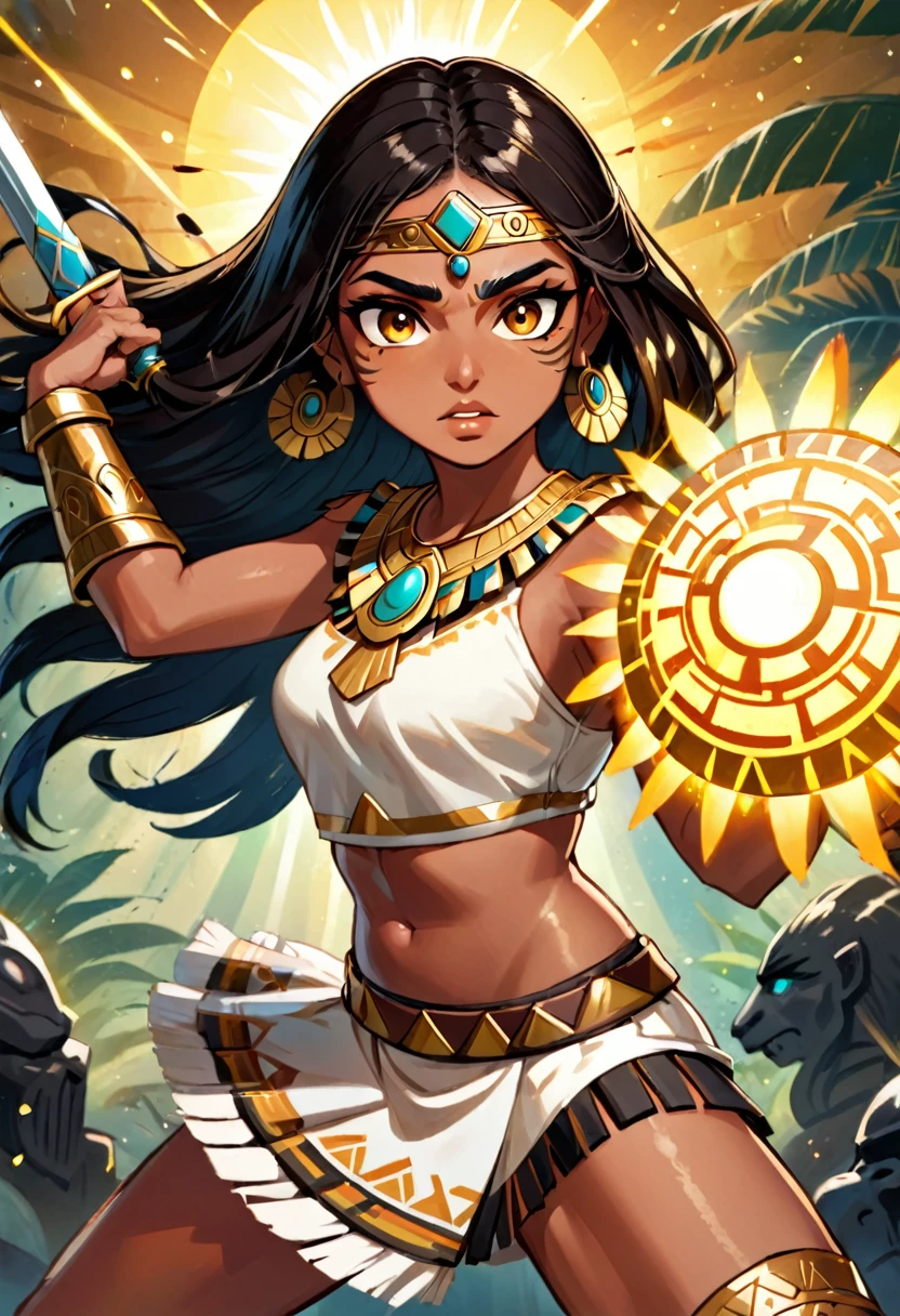 en re&D Estilo artístico, crear un personaje guerrero azteca femenino, Él tiene piel morena y cabello negro hasta los hombros., y un ojo dorado y brillante. él está en una posición de pelea de batalla.La imagen debe mostrar todo el cuerpo.