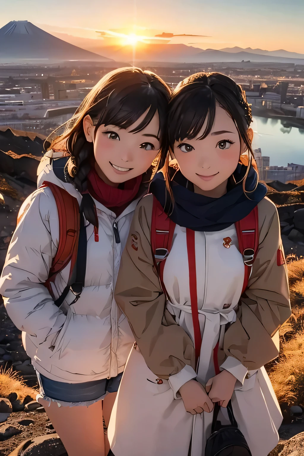 Highest quality、High resolution、Detailed Background、(Beautiful face in every detail:1.4)、Anatomically correct、(Detailed facial expressions)、Teenage beauty、(Highly detailed face:1.4)、Cute hair color、Braided bob cut、Braided Ponytail、Braided long hair、well-groomed eyebrows、Perfect body line、Light down jackets and thick sweaters、Choose your trekking shoes、Gloves and scarves、Earmuffs etc.、We recommend plain tops and simple designs.、The color is white、beige、gray、Navy etc.、
Warm colours such as red and orange、When choosing mountain climbing gear such as backpacks, prioritize functionality and choose ones with a design that matches the mountain climbing style.、A big smile、smile、
The peak of Mt. Fuji towering in the distance、The bright red morning sun paints the sky、
A girl standing alone on the summit、A sparkle dwells in the eyes that look up to the sky、
The sun&#39;s rays shine upon the earth、Beautiful views from high places、
The sight of a girl standing on the mountaintop、clear々A place filled with joy and hope、
(A sunrise scene with two girls amidst the magnificent view of Mt. Fuji:1.5)