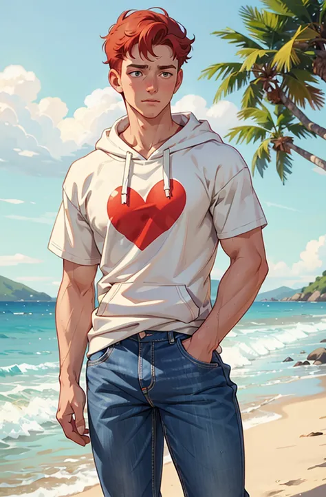 Create a retro illustration heartwarming scene from 'Heartstopper' featuring Nick Nelson and Charlie Spring at the beach.Both ar...