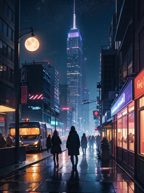 city night, view of the moon, neon lights, bustling streets, skyscraper, heavy traffic, reflection on wet pavement, vibrant nigh...