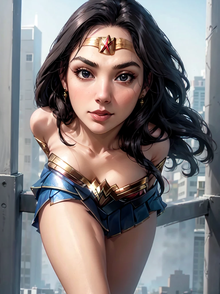 g4lg, wonder woman, ((wearing a white Real Madrid tshirt)), (pretty face:1.2), (finely detailed face and beautiful eyes), mature female, muscle, bare hands, (armlet, blue armor skirt, bracer, head ring ), (black eyes, black long hair, messy hair, floating hair), ((white Real Madrid tshirt)), (long proportional legs), (best quality:1.1),(city background:1.2), dark_fantasy,, ((masterpiece)), 