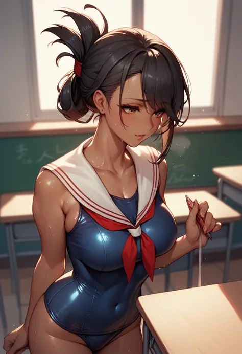 (((dark brown skin))) azur lane　sailor suit　school swimsuit　beautiful tall woman　black hair　 sweat　(((folded ponytail)))　classro...