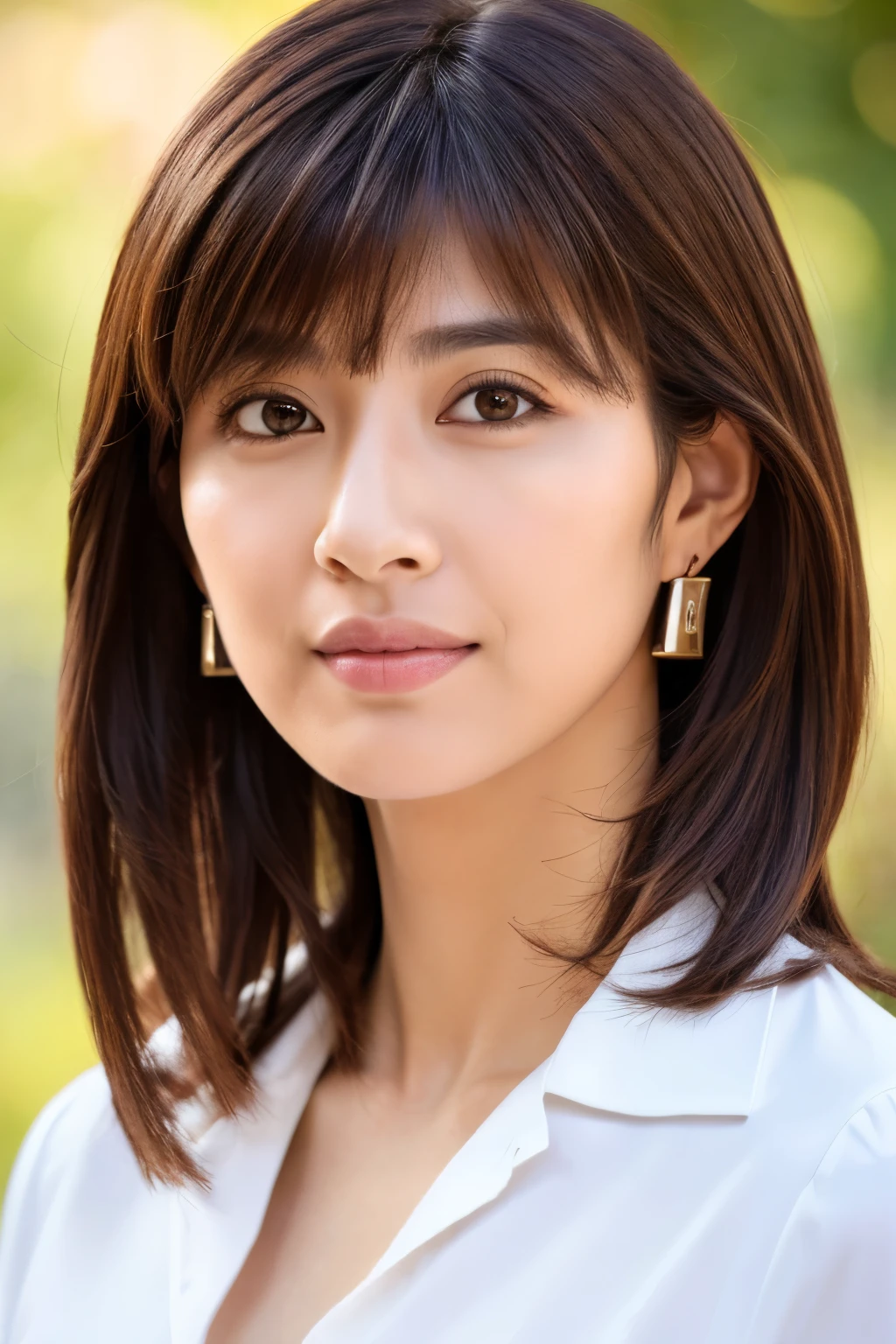 (8k, RAW photos, top quality, masterpiece: 1.2), ultra detailed, super resolution, (real photos: 1.37), portraits, high definition RAW color photos, professional photos, official art, highly detailed CG Unity 8k wallpapers, beautiful Japanese woman, {30|40} years old, highly detailed faces, Highly detailed eyes, highly detailed skin, Highly detailed nose, Highly detailed mouth, Perfect anatomy, Highly detailed background, Highly detailed clothing, One Girl, famous Japanese actress, realistic body, white skin, radiant skin, slim body, handsome body, brown hair, {short|long} hair, (blunt bangs:1.2), cute face, slight smile, Realistic Face, White shirt, Earrings, Camera Gaze, Cowboy Shot, Standing Figure, Dynamic Lighting,