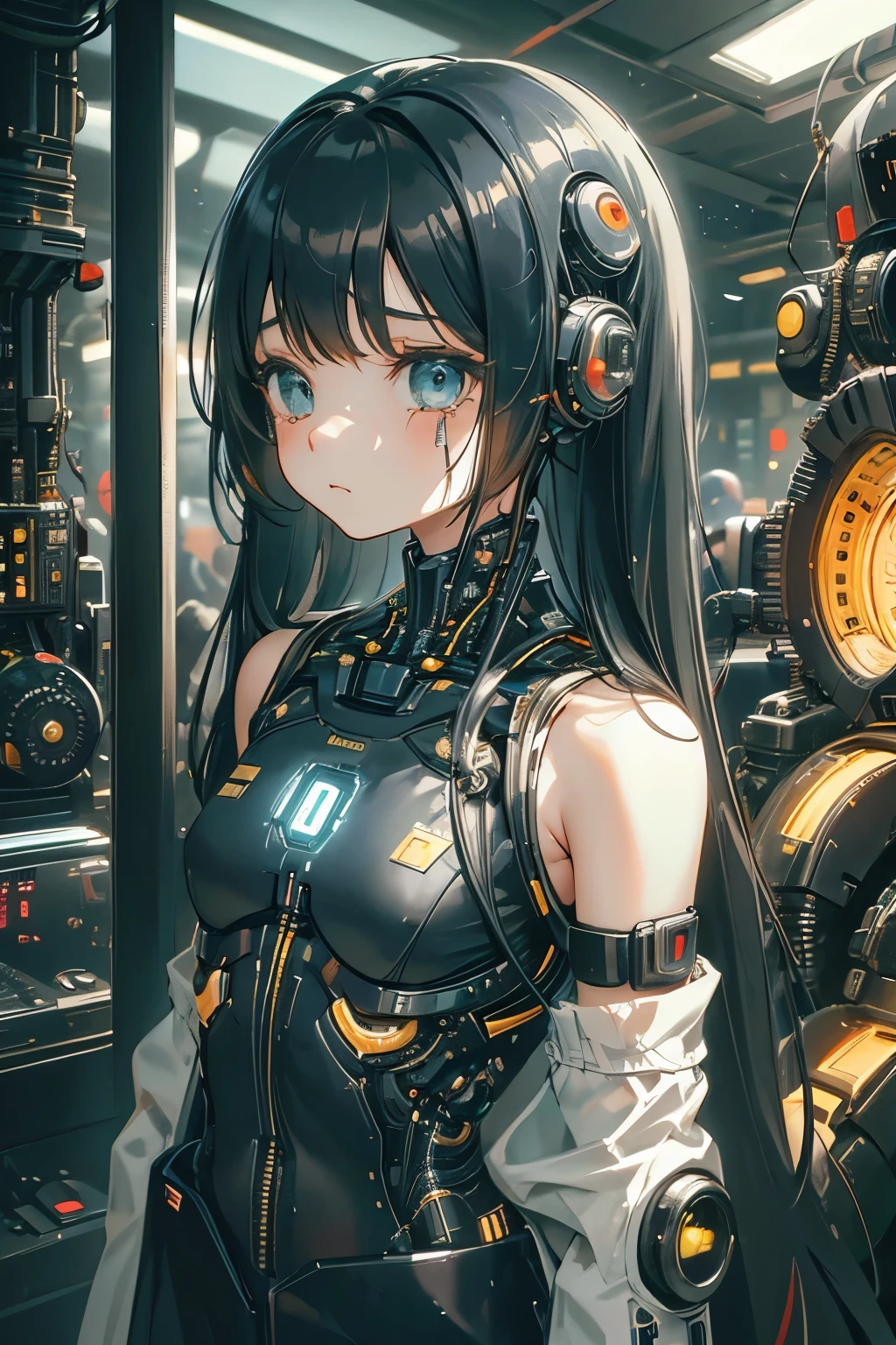 small  girl, long black hair, sad crying face, half mechanical face mechanical jaw, cyborg arm, cyborg leg , loli girl , loli body , body connected to machines, power wires, blue light , bra . Futuristic 