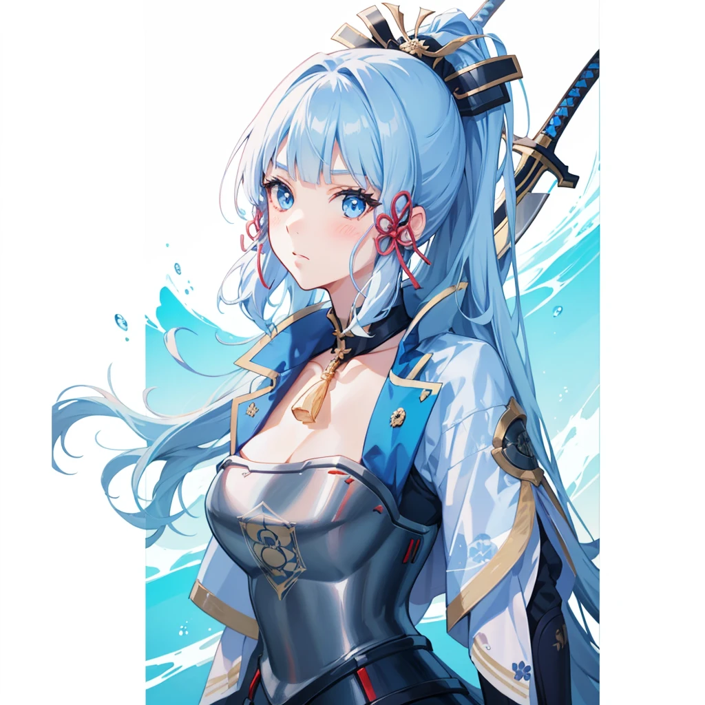 View the viewer, 1 Girl,  Highest quality, Blue Hair, blue eyes, Japanese style armor, Sword in hand, electricity, kamisato ayaka, whole body, blush, Serious face、Very detailed、high resolution、High resolution、Written boundary depth,White Background,A sword as big as your body