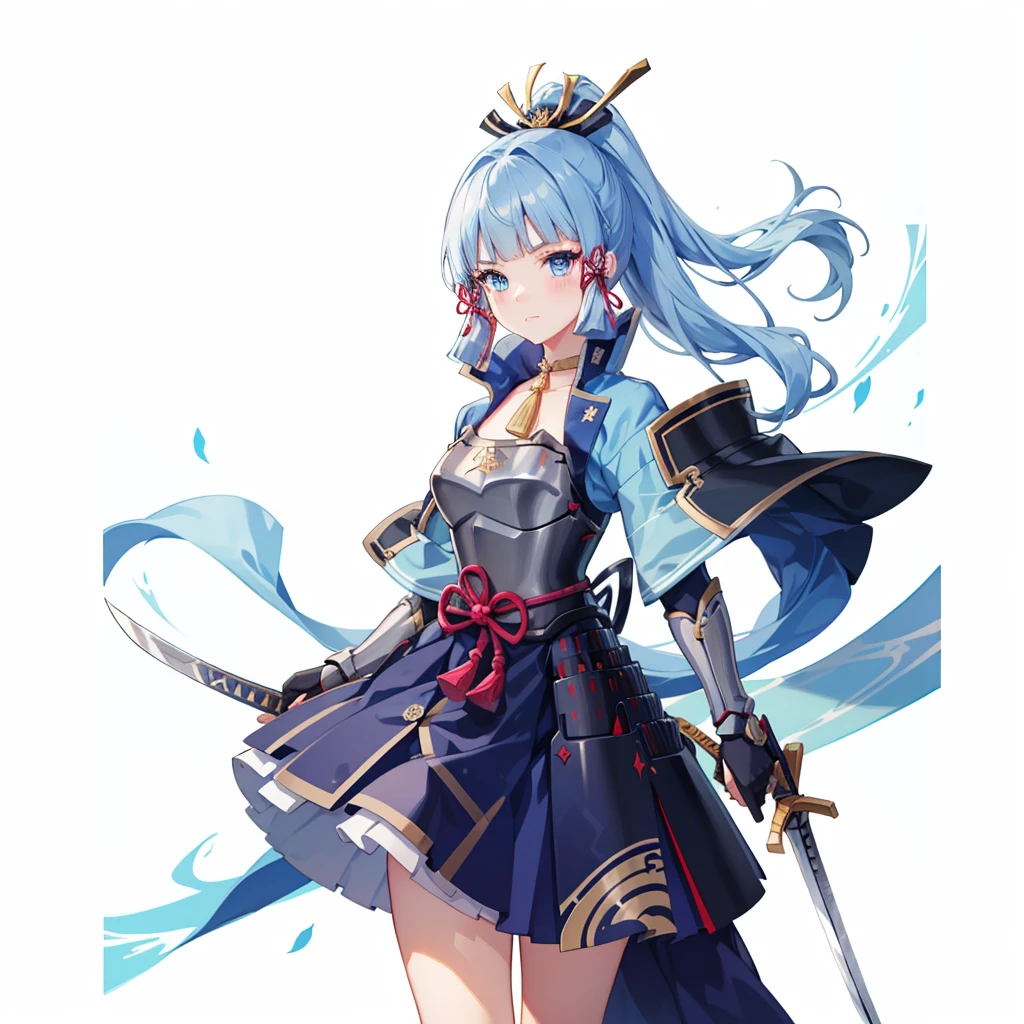 View the viewer, 1 Girl,  Highest quality, Blue Hair, blue eyes, Japanese style armor, Sword in hand, electricity, kamisato ayaka, whole body, blush, Serious face、Very detailed、high resolution、High resolution、Written boundary depth,White Background,A sword as big as your body