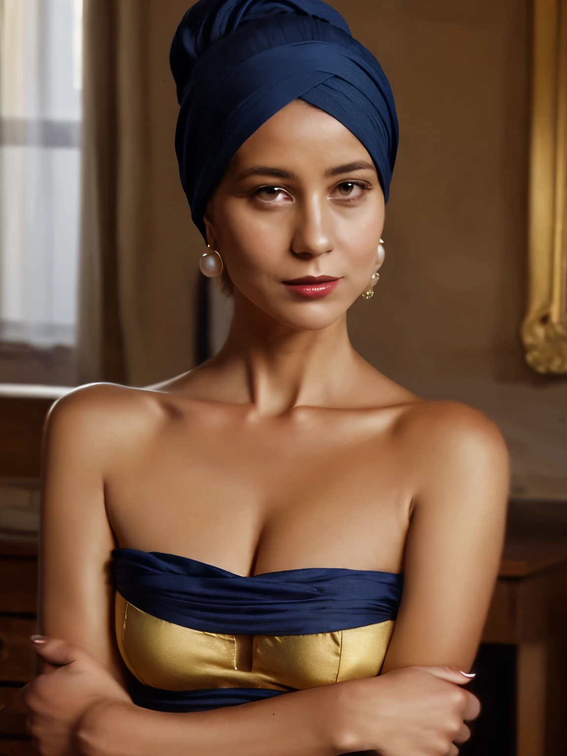 1woman LaGermania posing in identical clothes as the Girl with a Pearl Earring in front of the Girl with a Pearl Earring. LaGermania wears a dark blue turban intricately wrapped around her head, with a golden yellow scarf cascading over her shoulder, made of rich silk with fine, shimmering threads. Her outfit includes a modest, dark brown dress with a delicate white collar and cuffs, crafted from soft, high-quality fabric. The pearl earring, a single large, lustrous gem, dangles from her ear, reflecting the soft light. The background features the Girl with a Pearl Earring painting, framed elegantly in a simple, dark wood frame, enhancing the timeless, classic beauty of the scene. LaGermania’s pose is turned slightly over her shoulder, with her gaze directed towards the viewer, capturing the enigmatic allure and subtle grace of the original portrait.
