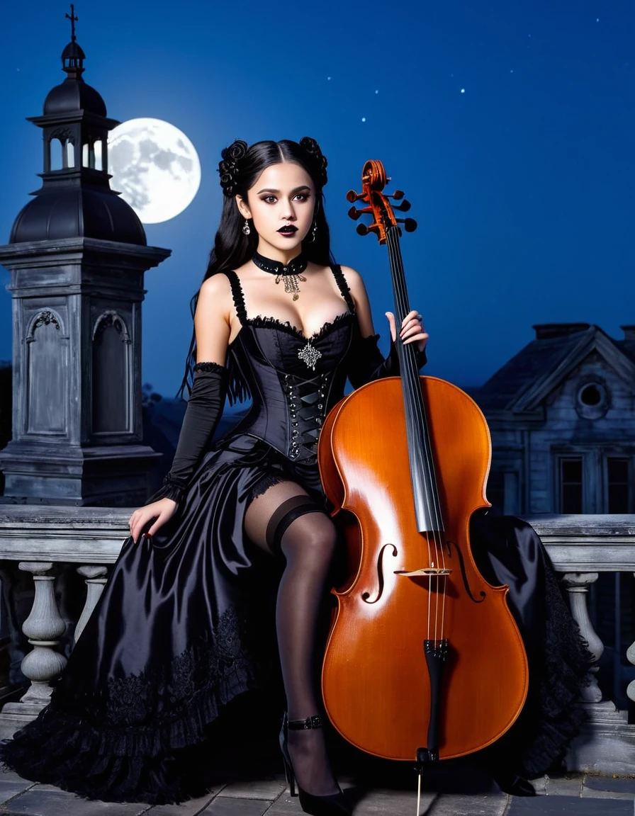 A young woman with long black hair styled in two braids and wears minimal makeup with dark eyeliner, black lipstick, sexy goth, Wednesday Addams (Jenna Ortega). Jenna Ortega as Wednesday Addams.  The setting is on the roof top of an old decaying mansion at midnight with a big bright full moon in the background. Wednesday is sitting in an old luxury ornate high back chair (playing a large cello:1.6). She is wearing black ornate fabric choker, black corset, black short feathered dress with black stockings. A peculiar, lifelike severed hand is on her shoulder, adding an element of mystery. The lighting is eerie, coming from an unseen source, creating a since of mystery and intriguing atmosphere. Hyper realistic photo, vibrant colors, 16k.