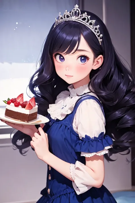 there is nothing, Highest quality, girl, 10 years old，かわいいgirl , Bluenette, Curly Hair, evil girl, dress，tiara，Eat cake，