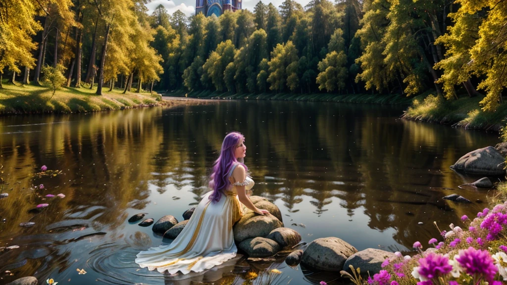 hdr digital image, 8k, most beautiful image in the world, high walls, white ivory walls with gold, a large deep river, surrounded by tall trees, colorful flowers, a golden tower in the background, a beautiful young Russian girl, cute, long light purple hair, 25 years old near the river