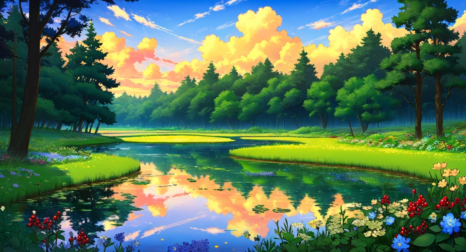 scenery, a pond, green forest, reflective water, clouds, dramatic clouds, beautiful sky, beautiful scenery, wild flowers, tall grass, pastel colors, berry bushes, round trees, dusk