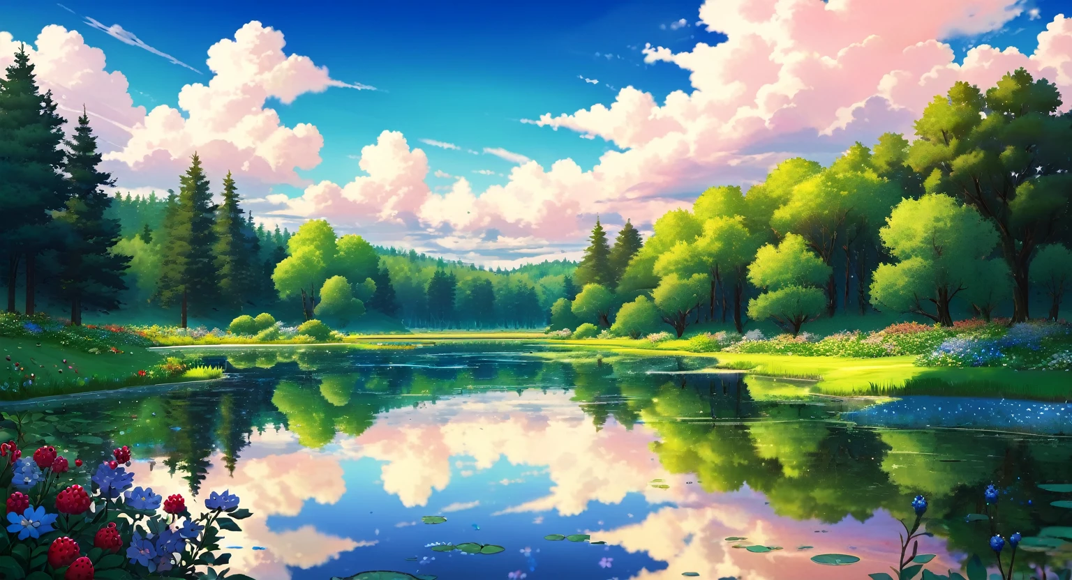 scenery, a pond, green forest, reflective water, clouds, dramatic clouds, beautiful sky, beautiful scenery, wild flowers, tall grass, pastel colors, berry bushes, round trees, dusk