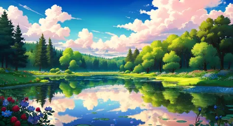 scenery, a pond, green forest, reflective water, clouds, dramatic clouds, beautiful sky, beautiful scenery, wild flowers, tall g...