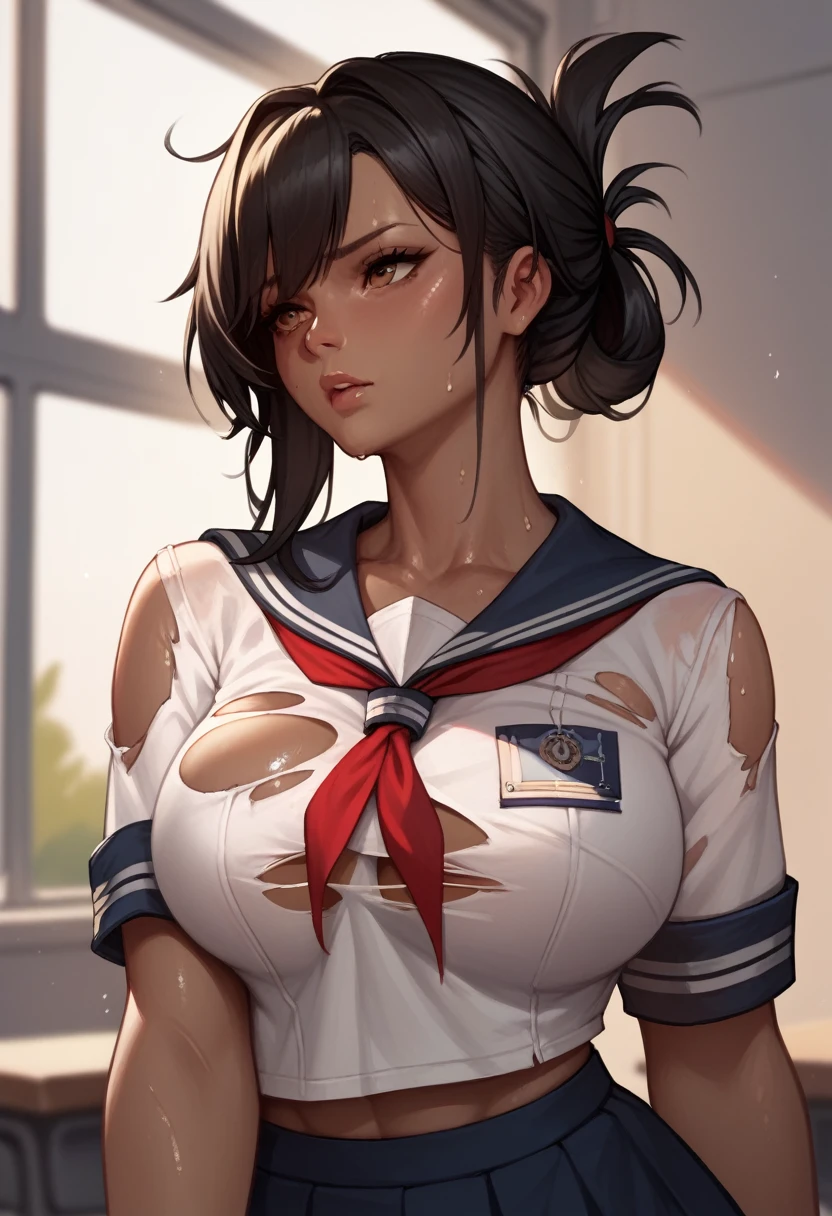 　(((Dark brown skin))) Azur Lane　Sailor suit　torn shirt　Black Hair　 sweat　(((folded ponytail)))　classroom　Love juice 