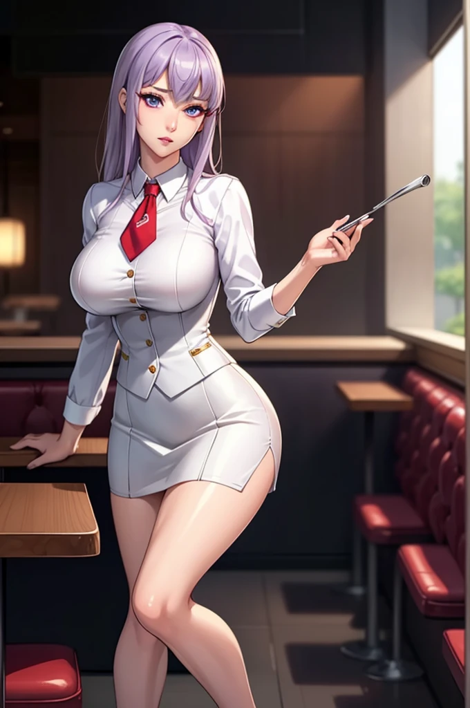 sakuyarindou768, mature female,(Wearing business outfit,formal jacket,neck tie, tie,white shirt, skirt, heels,High waist Skirt)( big perfect round breasts,hourglass body, thin waist,btpt-fc,Photo realistic, (hyperrealistic:1)beautiful, masterpiece, best quality, extremely detailed face, perfect lighting,detailed eye makeup, detail face, nice detailed eyes,nice hands, perfect hands (realistic pupils,realistic iris:1) heavy eye makeup  (working at a restaurant, background restaurant), NSFW