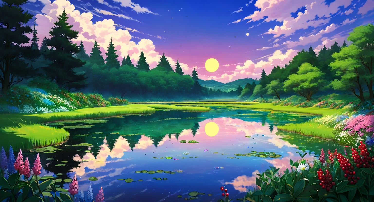 scenery, a pond, green forest, reflective water, clouds, dramatic clouds, beautiful sky, beautiful scenery, wild flowers, tall grass, pastel colors, berry bushes, round trees, dusk, purple sky, dramatic glowing moon