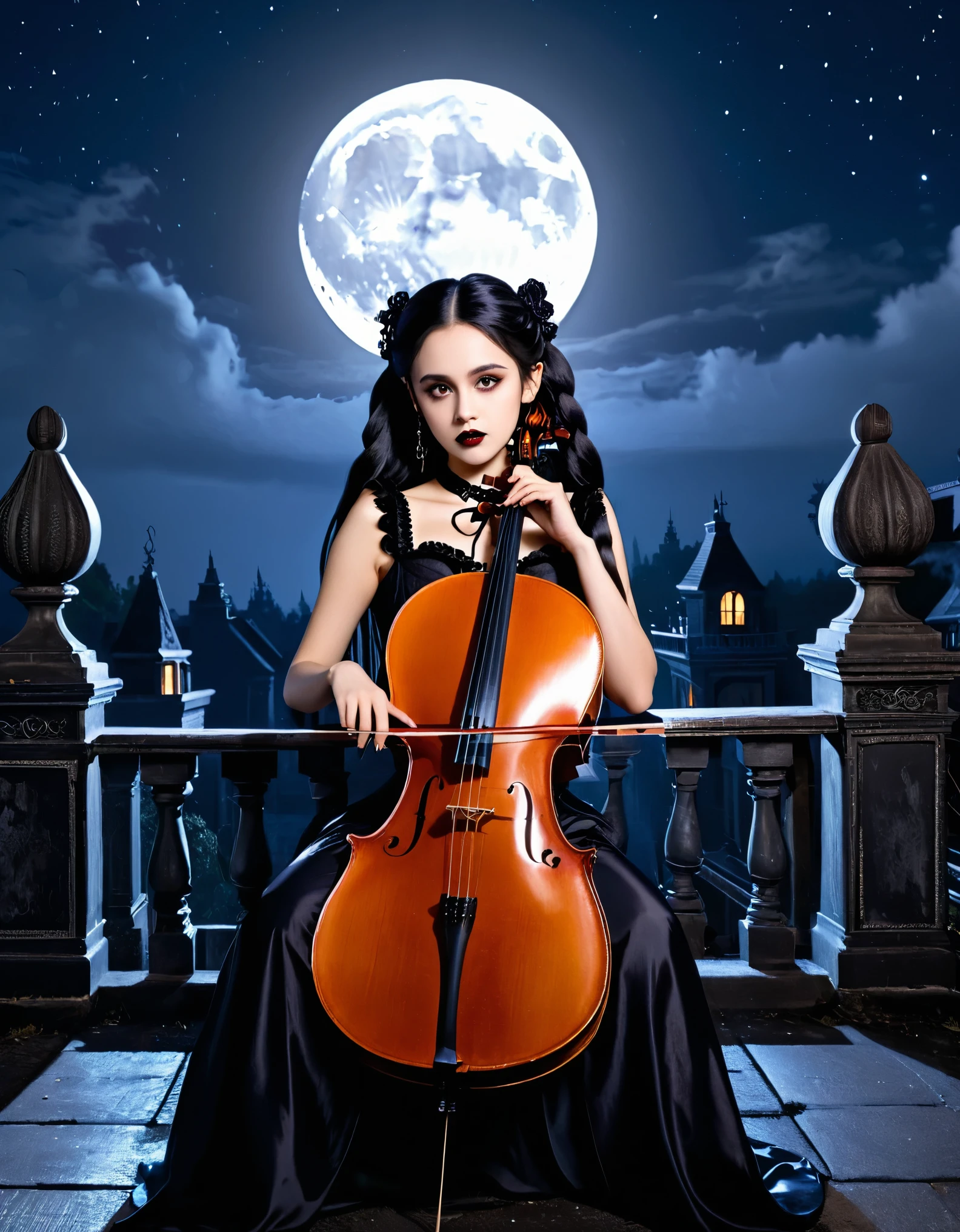 A young woman with long black hair styled in two braids and wears minimal makeup with dark eyeliner, black lipstick, sexy goth, Wednesday Addams (Jenna Ortega). Jenna Ortega as Wednesday Addams.  The setting is on the roof top of an old decaying mansion at midnight with a big bright full moon in the background. Wednesday is sitting in an old luxury ornate high back chair (playing a large cello:1.6). She is wearing black ornate fabric choker, black corset, black short feathered dress with black stockings. A peculiar, lifelike severed hand is on her shoulder, adding an element of mystery. The lighting is eerie, coming from an unseen source, creating a since of mystery and intriguing atmosphere. Hyper realistic photo, vibrant colors, 16k.