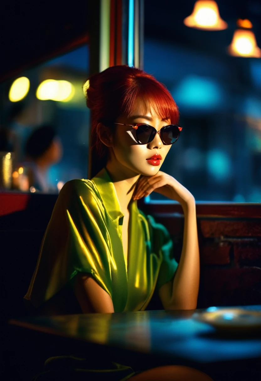 Hermosa pelirroja asiática sentada en un restaurante por la noche, Visible desde la ventana, cara perfecta, Gafas de sol, Negro neón, (retroiluminado: 1.1), sombras duras, obra de arte, de la máxima calidad, complejo, estilo de fotografía del modelo, antiguo, grano de la película, detalles incompletos.

