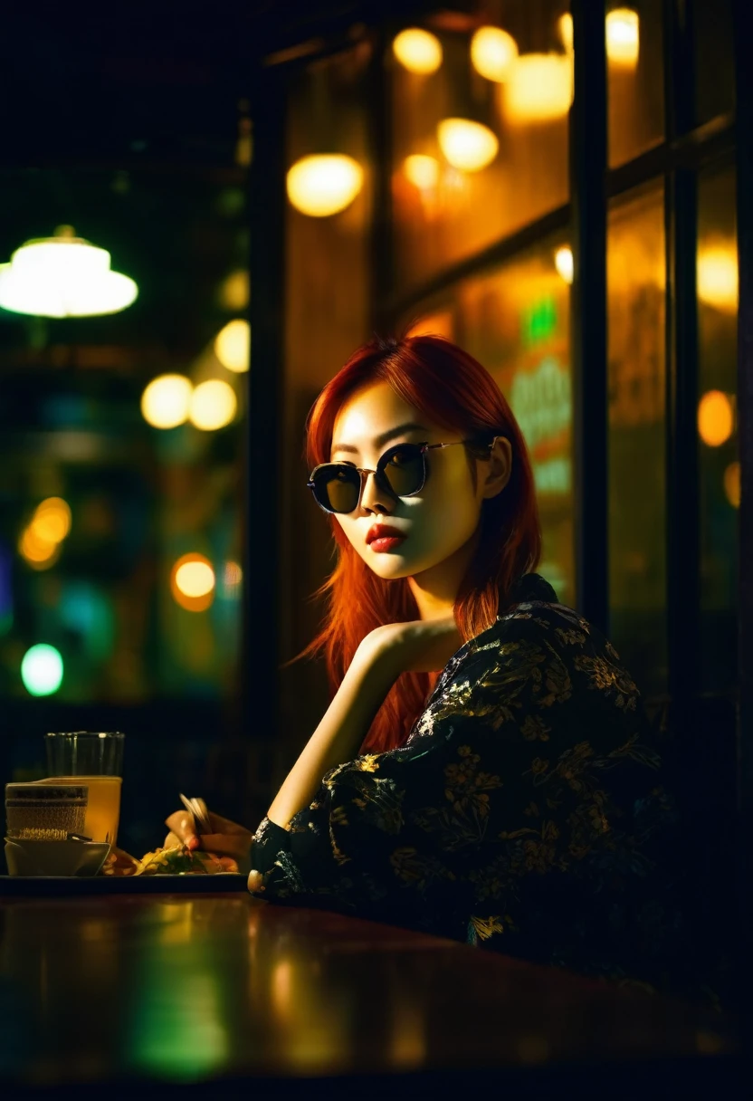 Hermosa pelirroja asiática sentada en un restaurante por la noche, Visible desde la ventana, cara perfecta, Gafas de sol, Negro neón, (retroiluminado: 1.1), sombras duras, obra de arte, de la máxima calidad, complejo, estilo de fotografía del modelo, antiguo, grano de la película, detalles incompletos.

