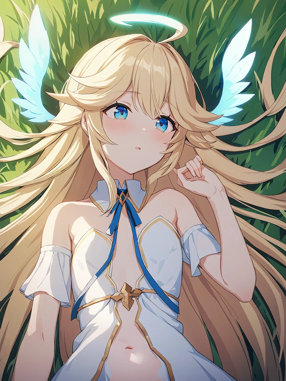 Zaora, blue eyes, (Variegated eyes:0.5), Blonde, Very long hair, Twin Blade, bangs, Ahoge, Hello, Angel, Flat Chest, White Dress, Belly button cutout, Detachable collar, Strapless, Neck ribbon, Bare shoulders, Angel wings, barefoot, One girl, Solo Break Space, grassland, Lying down, Upper Body, Depth of written boundary, Cinematic, masterpiece, Highest quality, Game CG