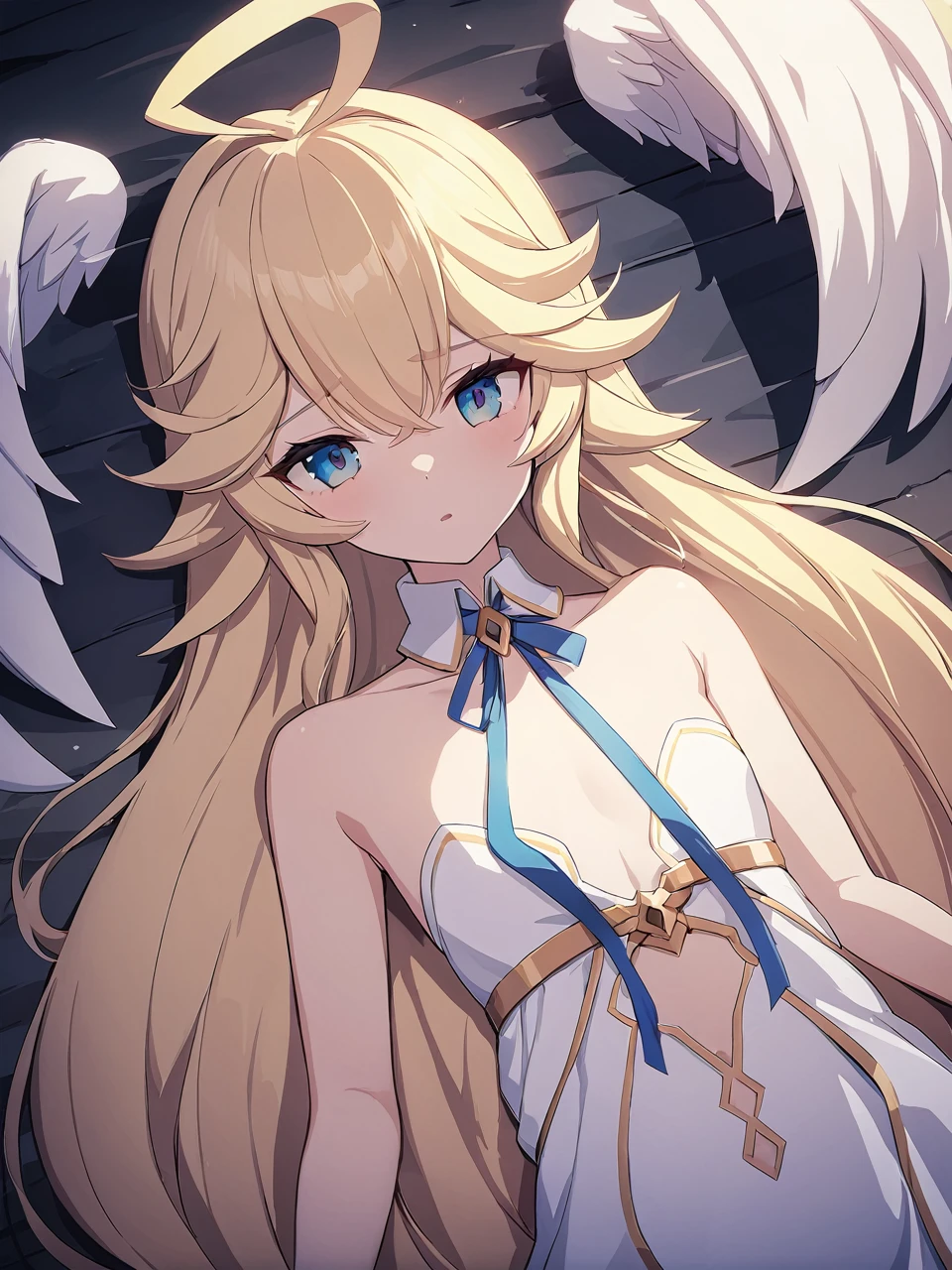 Zaora, blue eyes, (Variegated eyes:0.5), Blonde, Very long hair, Twin Blade, bangs, Ahoge, Hello, Angel, Flat Chest, White Dress, Belly button cutout, Detachable collar, Strapless, Neck ribbon, Bare shoulders, Angel wings, barefoot, One girl, Solo Break Space, grassland, Lying down, Upper Body, Depth of written boundary, Cinematic, masterpiece, Highest quality, Game CG