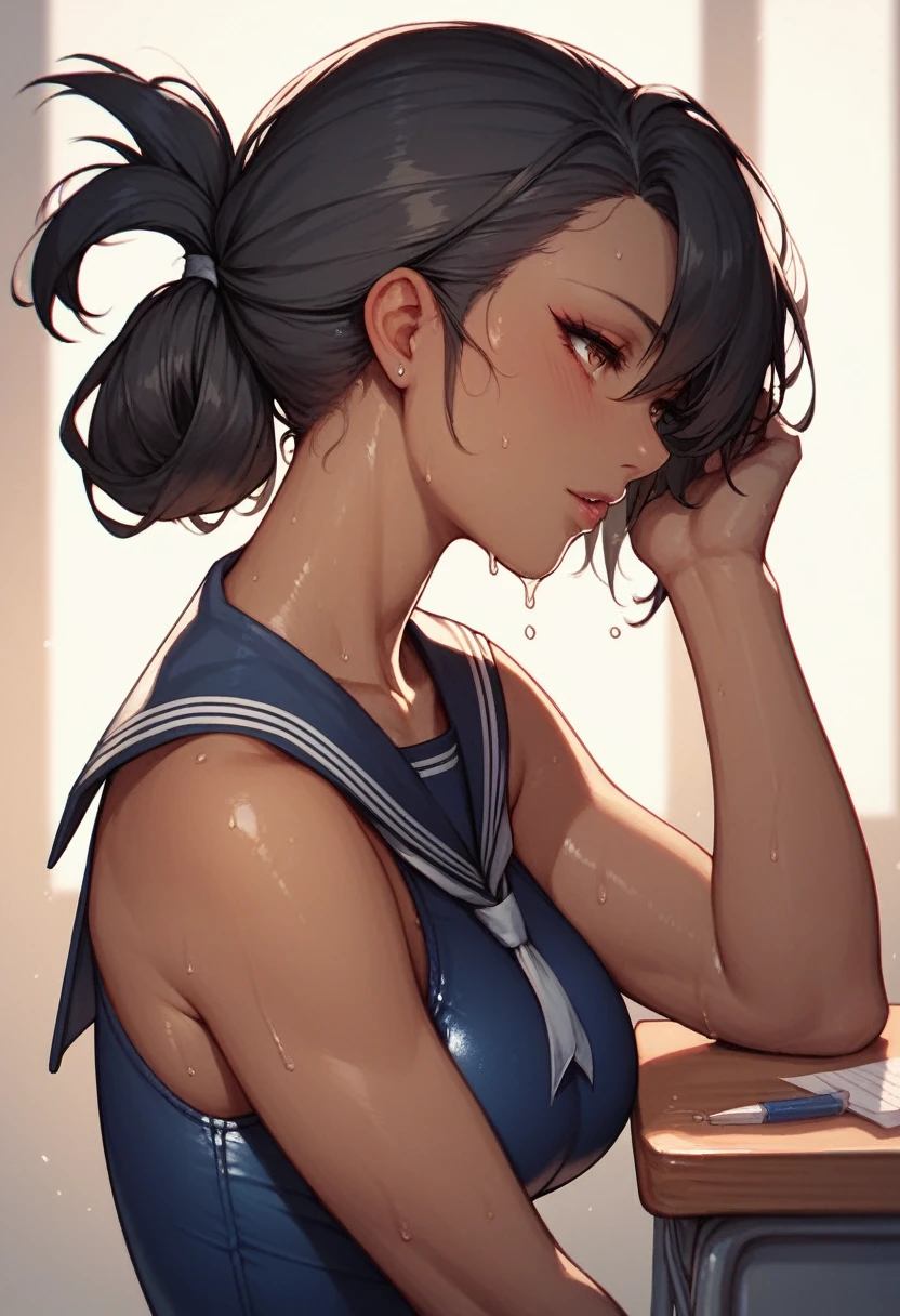 　(((Dark brown skin))) Azur Lane　Sailor suit　School Swimsuit　Beautiful tall woman　Black Hair　 sweat　(((folded ponytail)))　classroom　Love juice 