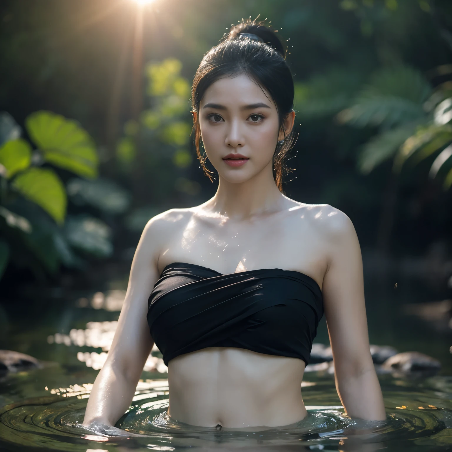 beautiful girl ,Thai female warrior, showering in a swiming pool at the forest, dynamic poses, Red and black strapless shirt, long ponytail,black eyes,abdominal muscles,plump body, rounded breast, (big breast:1.3), rift, morning sun,staring at the audience, rain, (dynamic poses), shower, shower poses, ((face details)),Double eyelids, finished, (Backlight), realistic, Masterpiece, Highest quality, lens flare, shade, in full bloom, [[Chromatic aberration]], By Jeremy Lipking, By Antonio J.. Manzanedo, digital painting, HDR, high contrast
