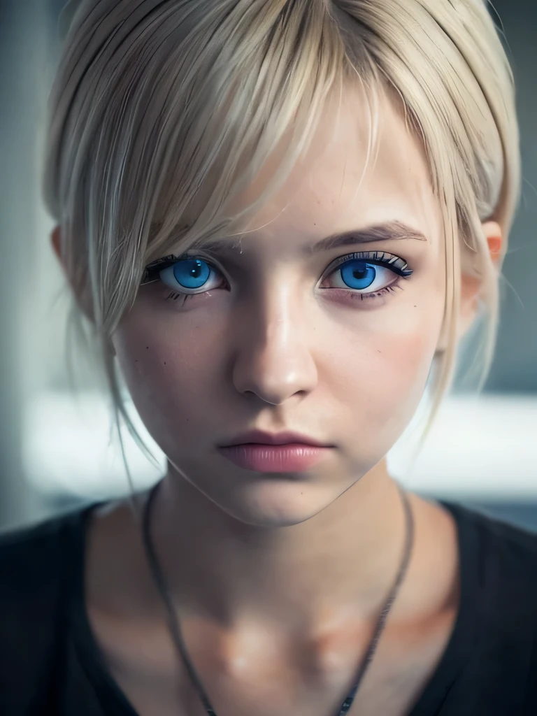 Uma garota turca, olhos azuis, cabelo loiro curto bagunçado, sentindo-se deprimido, expressão facial, resolução ultra alta, Ultra HD, (fotorrealista:1.4), 