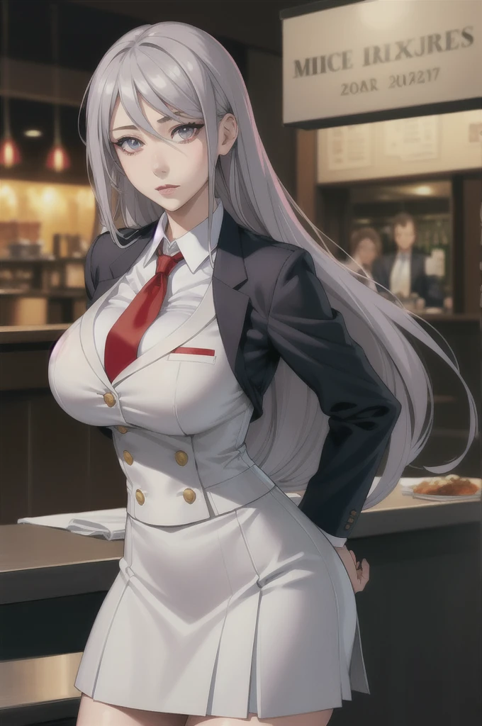 sakuyarindou768 (Wearing business outfit, NSFW, formal jacket,neck tie, tie,white shirt, skirt, heels,High waist Skirt)( big perfect round breasts,hourglass body, thin waist,btpt-fc,Photo realistic, (hyperrealistic:1)beautiful, masterpiece, best quality, extremely detailed face, perfect lighting,detailed eye makeup, detail face, nice detailed eyes,nice hands, perfect hands (realistic pupils,realistic iris:1) heavy eye makeup,gray hair,long hair,bue eyes,  (working at a restaurant, background restaurant)