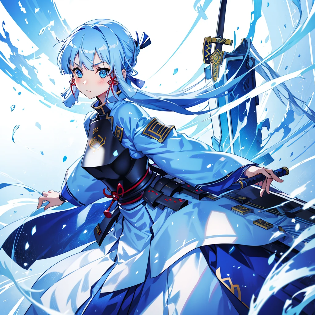 View the viewer, 1 Girl,  Highest quality, Blue Hair, blue eyes, Japanese style armor, Sword in hand, electricity, kamisato ayaka, whole body, blush, Serious face、Very detailed、high resolution、High resolution、Written boundary depth,White Background,A sword as big as your body