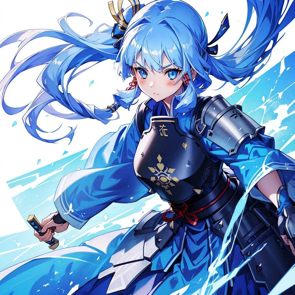 View the viewer, 1 Girl,  Highest quality, Blue Hair, blue eyes, Japanese style armor, Sword in hand, electricity, kamisato ayaka, whole body, blush, Serious face、Very detailed、high resolution、High resolution、Written boundary depth,White Background,A sword as big as your body