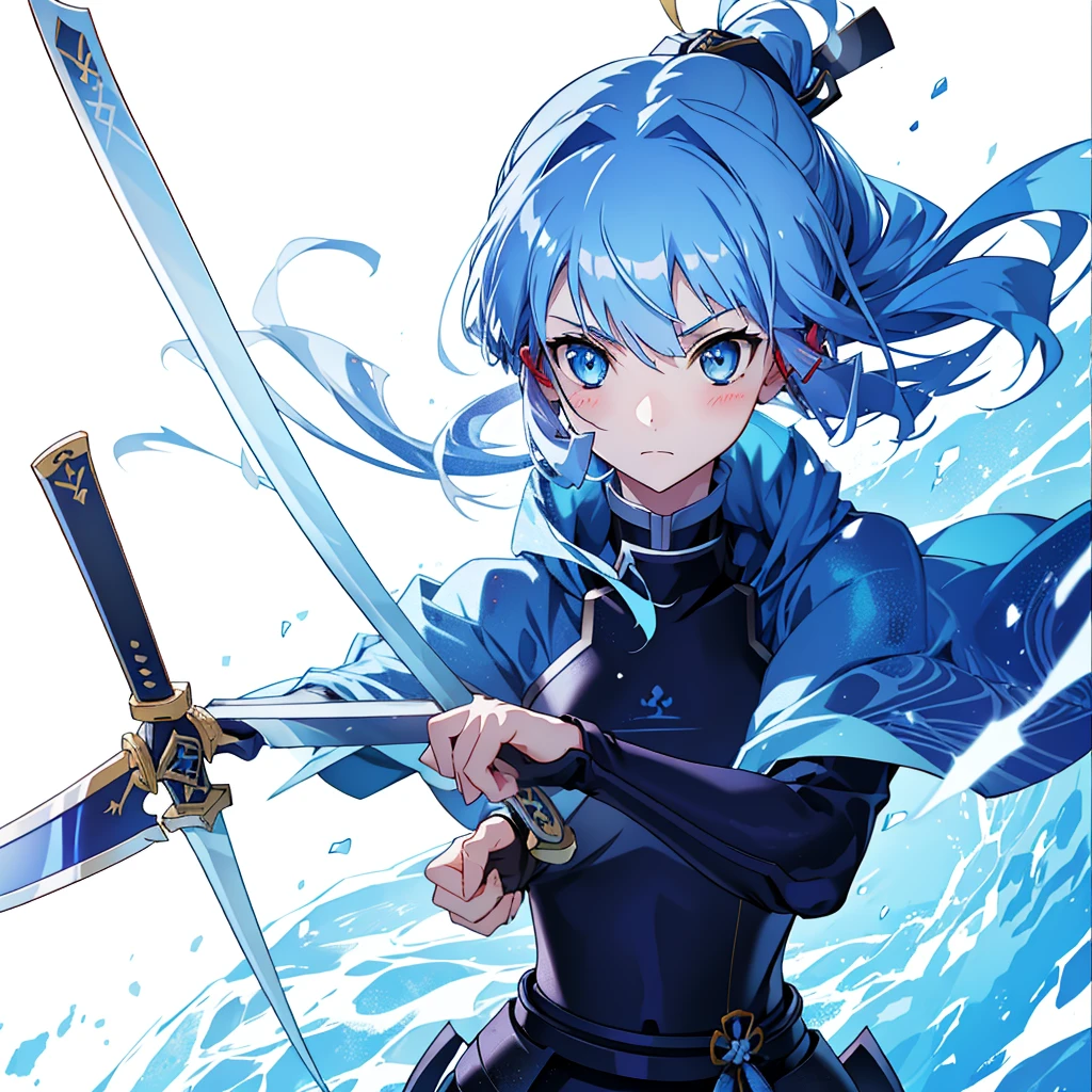 View the viewer, 1 Girl,  Highest quality, Blue Hair, blue eyes, Japanese style armor, Sword in hand, electricity, kamisato ayaka, whole body, blush, Serious face、Very detailed、high resolution、High resolution、Written boundary depth,White Background,A sword as big as your body