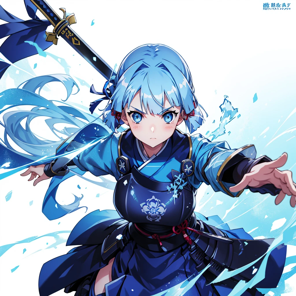 View the viewer, 1 Girl,  Highest quality, Blue Hair, blue eyes, Japanese style armor, Sword in hand, electricity, kamisato ayaka, whole body, blush, Serious face、Very detailed、high resolution、High resolution、Written boundary depth,White Background,A sword as big as your body