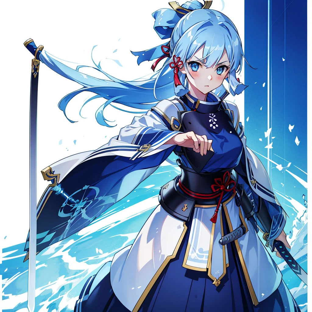 View the viewer, 1 Girl,  Highest quality, Blue Hair, blue eyes, Japanese style armor, Sword in hand, electricity, kamisato ayaka, whole body, blush, Serious face、Very detailed、high resolution、High resolution、Written boundary depth,White Background,A sword as big as your body