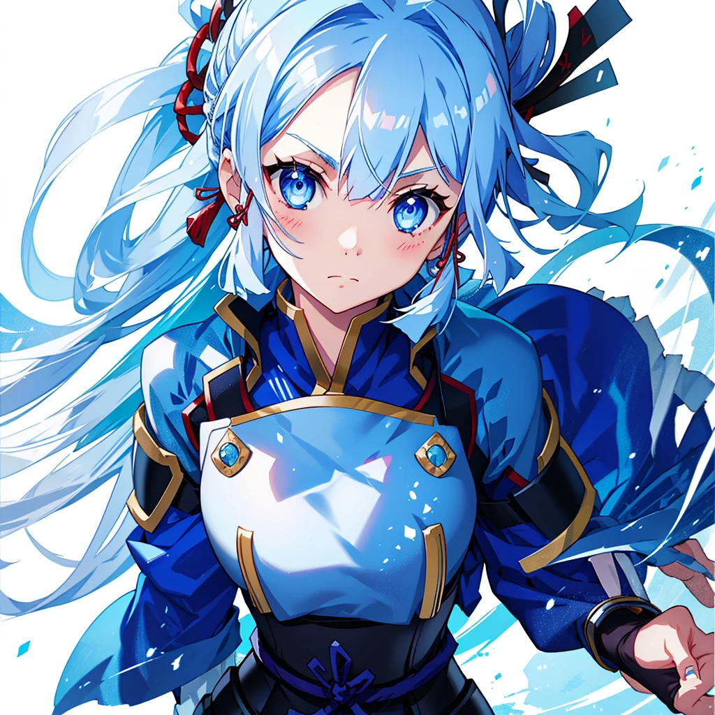 View the viewer, 1 Girl,  Highest quality, Blue Hair, blue eyes, Japanese style armor, Sword in hand, electricity, kamisato ayaka, whole body, blush, Serious face、Very detailed、high resolution、High resolution、Written boundary depth,White Background,A sword as big as your body