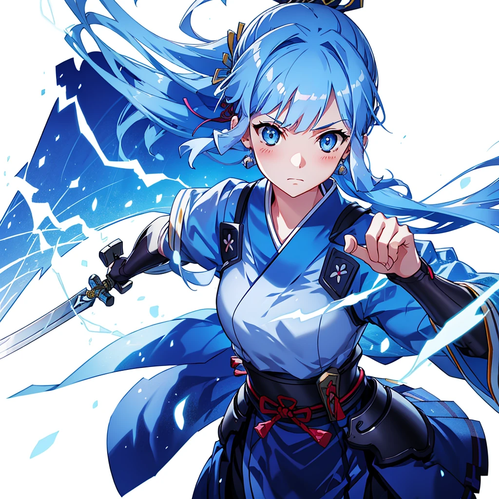 View the viewer, 1 Girl,  Highest quality, Blue Hair, blue eyes, Japanese style armor, Sword in hand, electricity, kamisato ayaka, whole body, blush, Serious face、Very detailed、high resolution、High resolution、Written boundary depth,White Background,A sword as big as your body