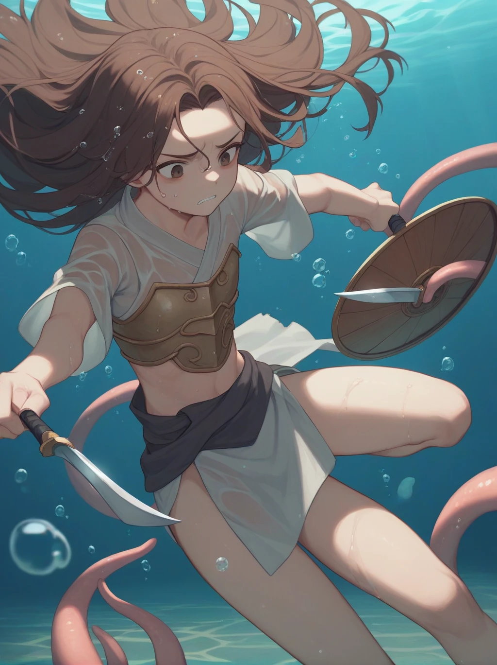 Partially underwater,最high quality,high quality, , Long Hair, Brown Hair, Wet Hair, Flat Chest,Dark underground labyrinth,No light,Cloth armor,Equipped with a dagger and a shield,Face above water,Body in water, Underwater Photography,The robe rolls up due to buoyancy,Painful face、My leg is pulled by tentacles、Being dragged into the water、Go wild