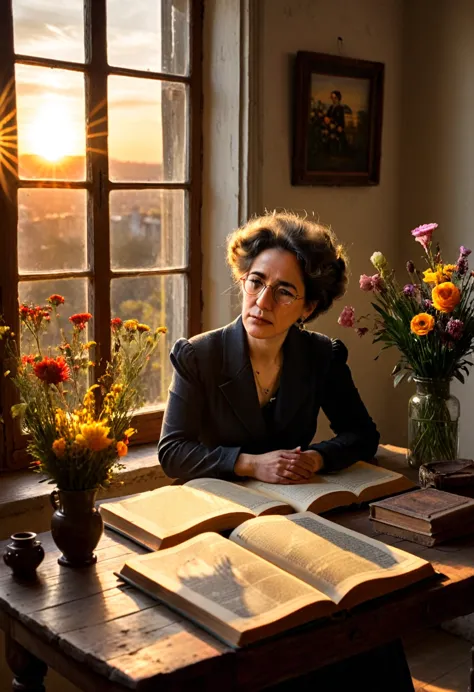 the philosopher hanna arendt looks sadly at a book on an antique table and she, near a window that announces the sunset. y las i...