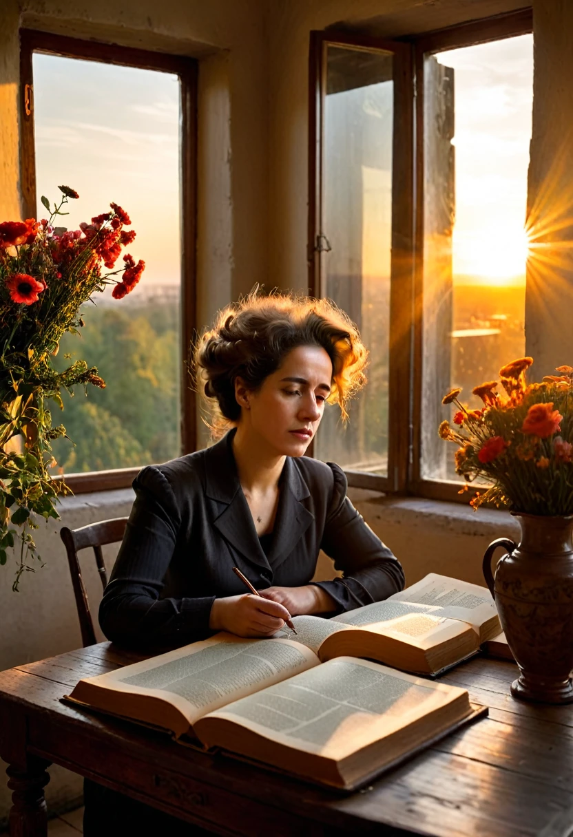 The philosopher Hanna Arendt looks sadly at a book on an antique table and she, near a window that announces the sunset. Y las ideas se representan con flores.