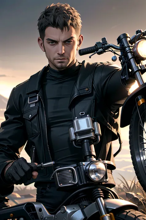((ultra detailed, masterpiece, best quality))
 REVChris, 1boy, solo, short hair, Posing by a classic motorcycle, clad in rugged ...