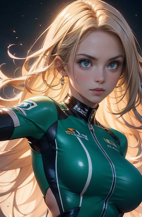 a detailed masterpiece portrait of a beautiful blonde woman with green eyes wearing a racing suit, extremely detailed face and f...