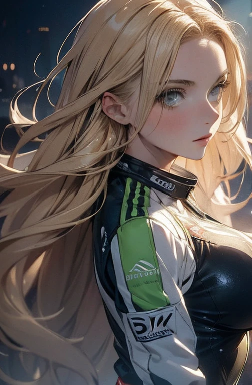 a detailed masterpiece portrait of a beautiful blonde woman with green eyes wearing a racing suit, extremely detailed face and figure, long hair, photorealistic, professional lighting, vibrant colors, cinematic composition, big breast, sensual Perfect body 