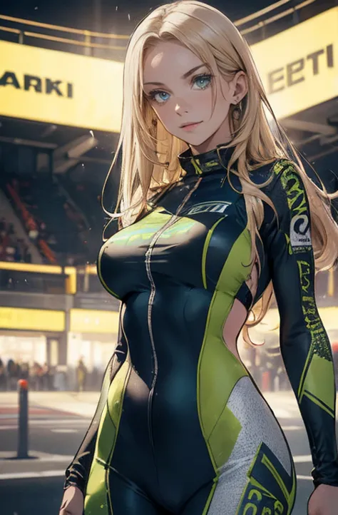 a detailed masterpiece portrait of a beautiful blonde woman with green eyes wearing a racing suit, extremely detailed face and f...