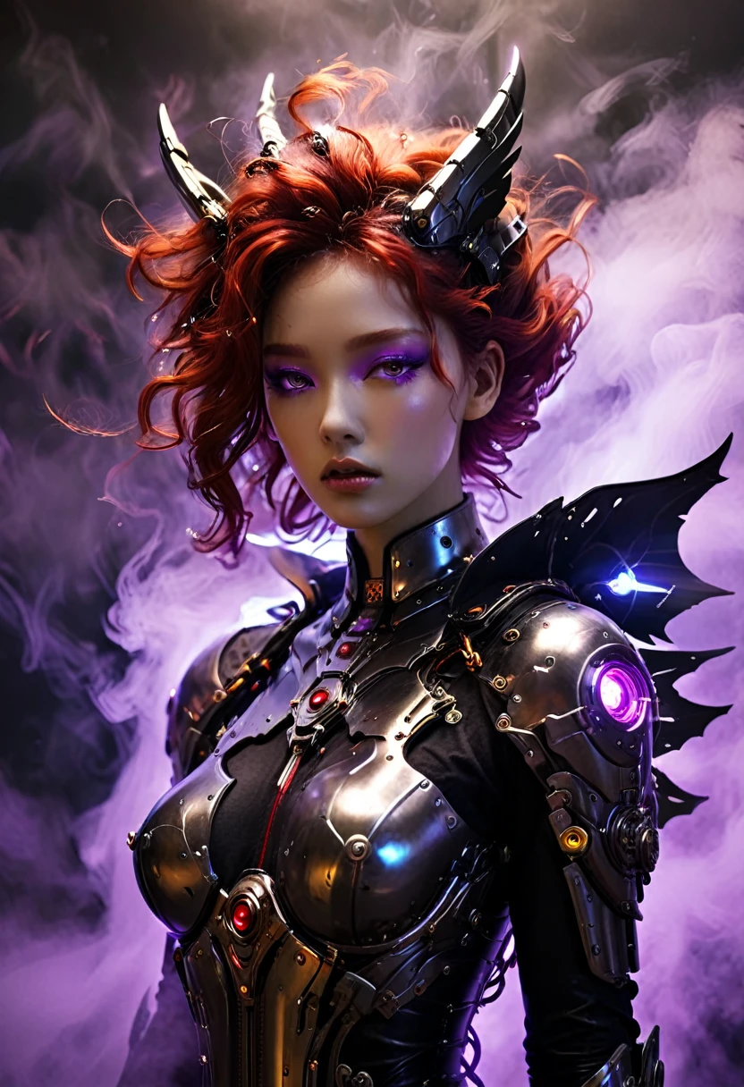 (top-quality:1.2, masterpiece)、ultra high resolution、extremely ultra surrealism, (Photorealsitic:1.4)、Raw photo、(Steampunk Battle Cyborg fallen angel)、large bat wings made of metal、black porcelain body、red  hair、glowy skin、1 Cyborg girl、(mechanical frame:1.3)japanese, extremely cute face,  ((super realistic details))、portrait、globalillumination、Shadow、octan render、8K、ultrasharp、character edge light、Details of complex ornaments、Acrylic Clear Cover、Sumerian details、Hydraulic cylinder、Small LED lamp、highly intricate detail、Realistic light、a purple eye、radiant eyes、Facing the camera、neon details、cowboy  shot、Futuristic headgear、About Cyberpunk