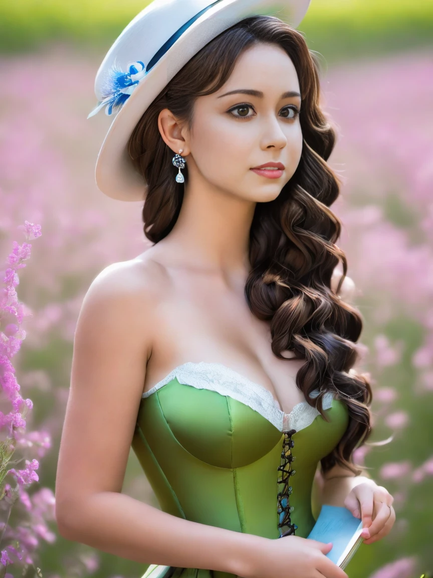 photo RAW,(Whimsical facial expression 1girl, solo, long hair, Hazel eyes, Tiramisu Brown hair, hat, dress, bow, Holding a book or magazine pose, bare shoulders, jewelry gems, flower, earrings, parted lips, blurry, Lime dress, lips, depth of field, bird, ring, feathers, corset, top hat, hat flower, hand on headwear,Realistic, realism, hd, 35mm photograph, 8k), masterpiece, award winning photography, natural light, perfect composition, high detail, hyper realistic
INFO
